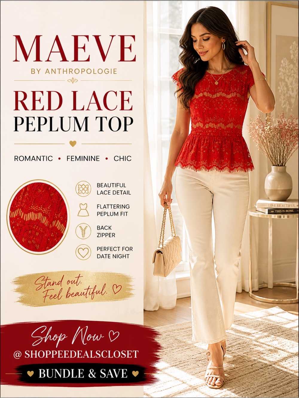 MAEVE Anthropologie Red Lace Katrine Peplum Top Size XS